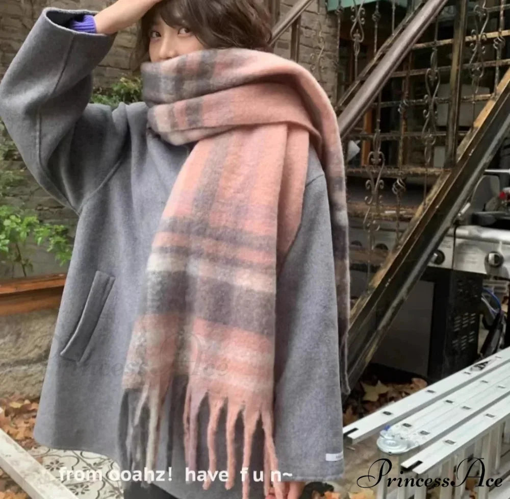 Mohair Winter Scarf - Solid Color Thickened Wool Fringed Type F gray-pink