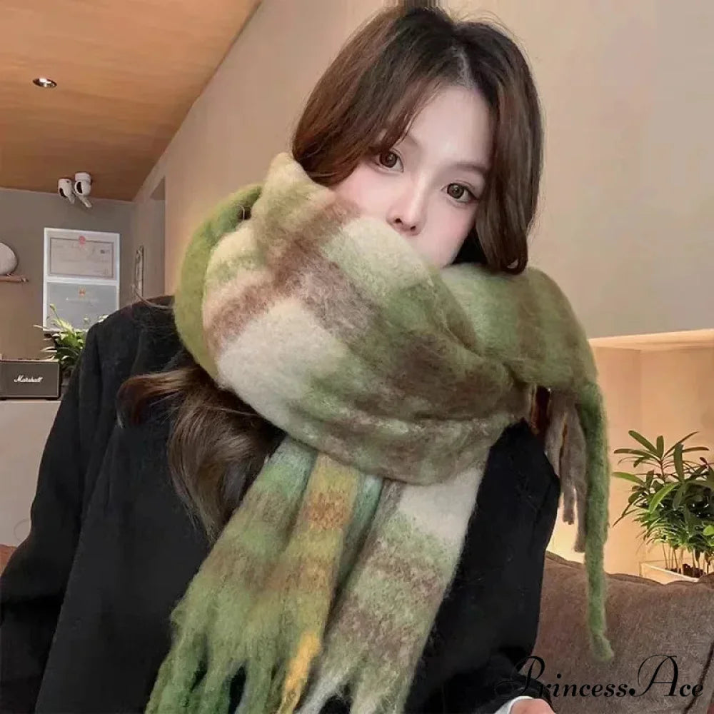 Mohair Winter Scarf - Solid Color Thickened Wool Fringed Type F Green