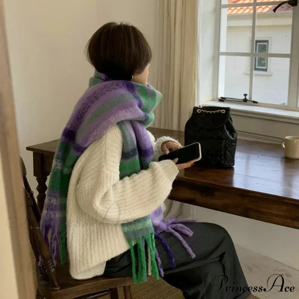Mohair Winter Scarf - Solid Color Thickened Wool Fringed Type F Purple-green