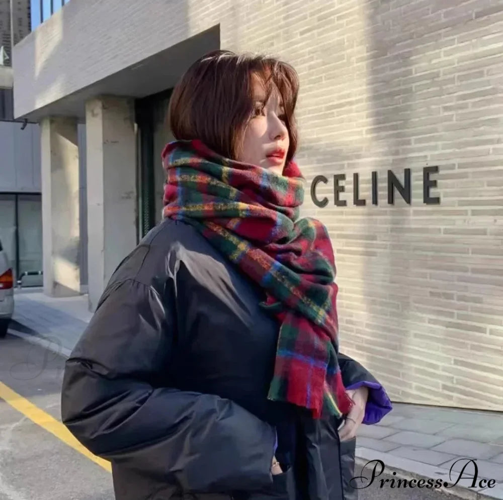 Mohair Winter Scarf - Solid Color Thickened Wool Fringed Watermelon red grid