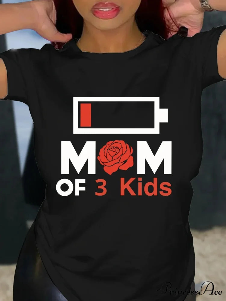 Mom Of Three Kids Print Sleeve Crew Neck Casual Top For Summer & Spring Women’s Clothing T-shirt BLACK / S