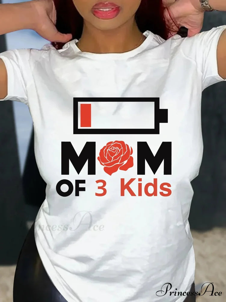 Mom Of Three Kids Print Sleeve Crew Neck Casual Top For Summer & Spring Women’s Clothing T-shirt WHITE / S