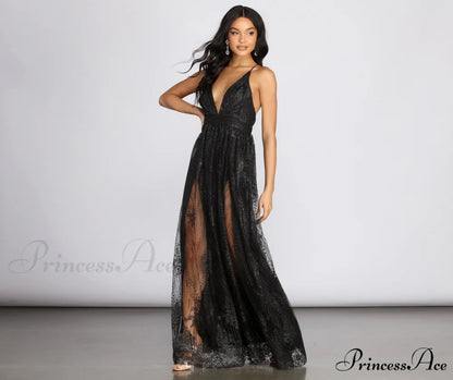 Mona Formal Stylish Plunging Glitter Dress BLACK / S