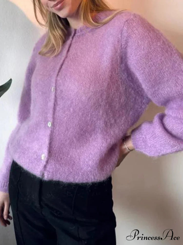 Monochromatic Button-Up Long Sleeve Cardigan purple / S cardigans-241228