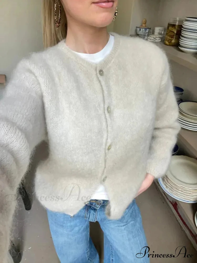 Monochromatic Button-Up Long Sleeve Cardigan white / S cardigans-241228