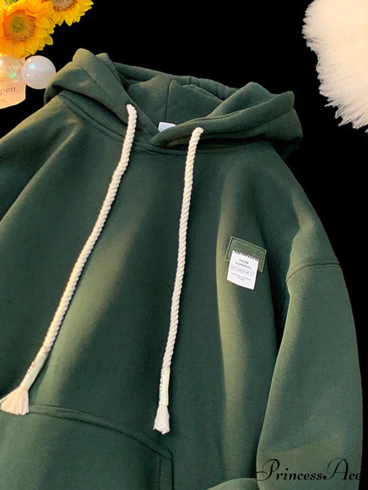 Monochromatic Embroidered Generous Fleece Hoodie Green / M(40-45KG) hoodies-241228