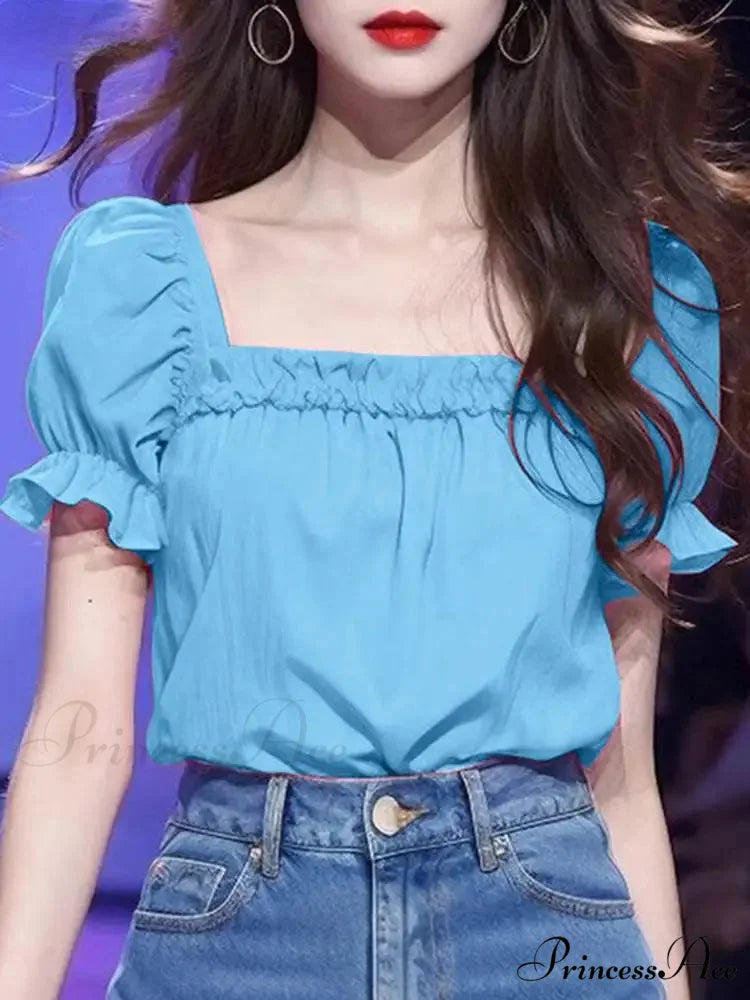 Monochromatic Frilled Square Neck Short Sleeve Blouse blouse-250126