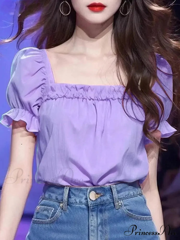 Monochromatic Frilled Square Neck Short Sleeve Blouse blouse-250126