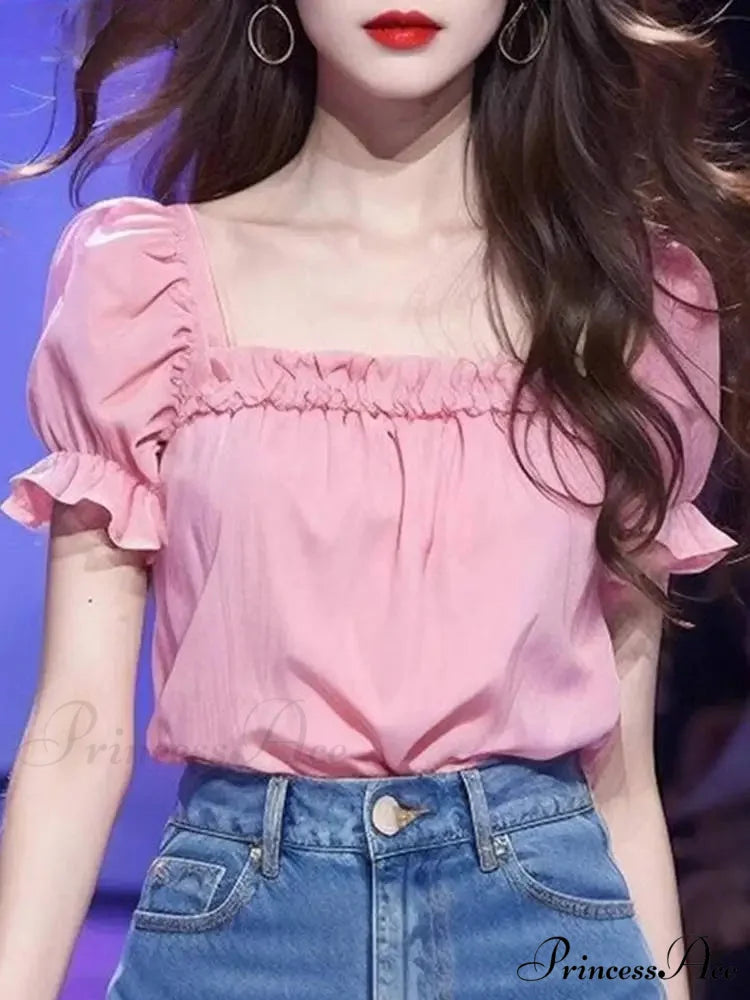 Monochromatic Frilled Square Neck Short Sleeve Blouse blouse-250126