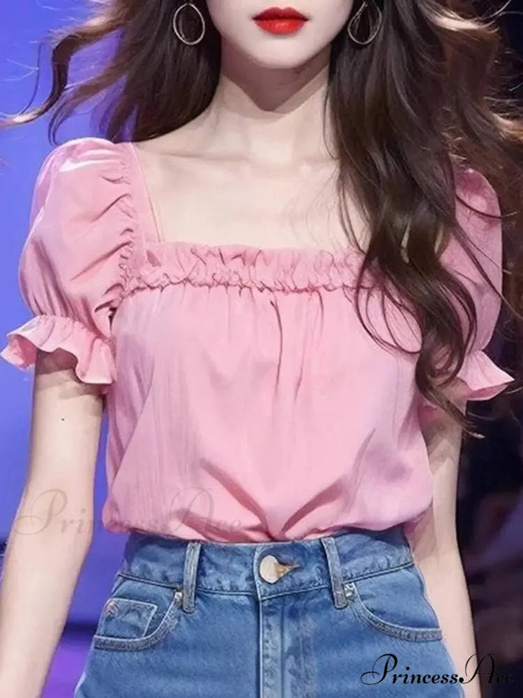 Monochromatic Frilled Square Neck Short Sleeve Blouse Light Pink / S blouse-250126