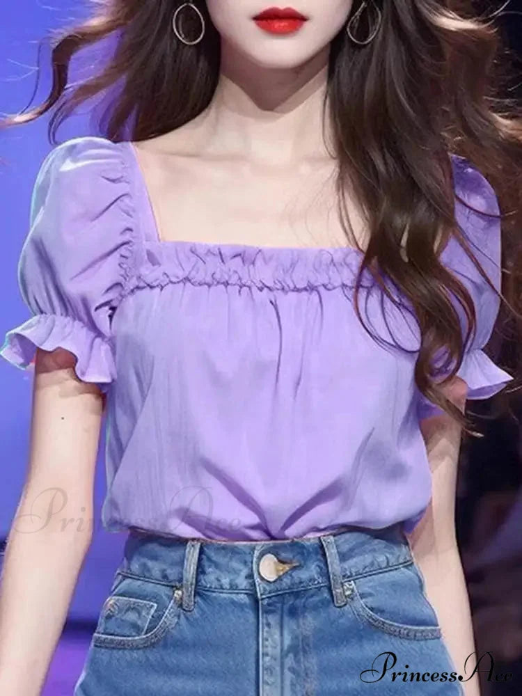 Monochromatic Frilled Square Neck Short Sleeve Blouse PURPLE / S blouse-250126