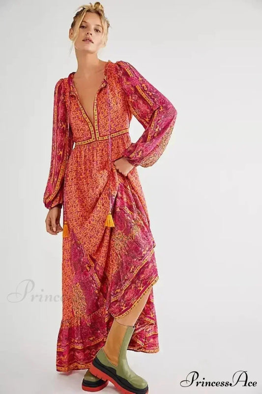 Monochromatic Hue V-neck Flounce Sleeve Summer Boho Dress bohodress-250126