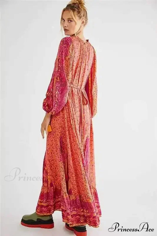 Monochromatic Hue V-neck Flounce Sleeve Summer Boho Dress bohodress-250126