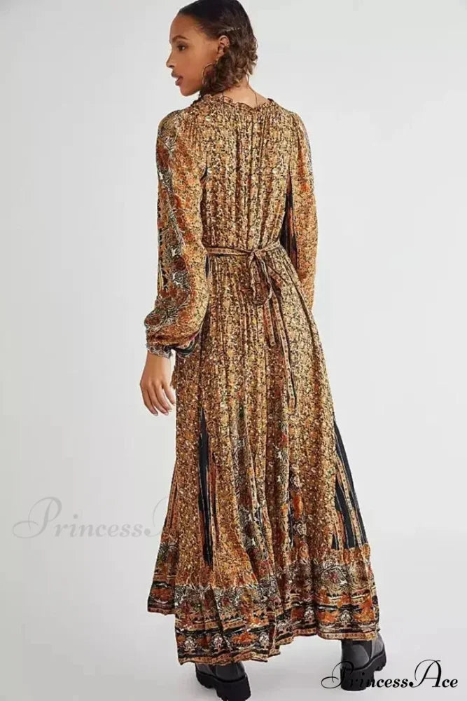 Monochromatic Hue V-neck Flounce Sleeve Summer Boho Dress Brown / S bohodress-250126