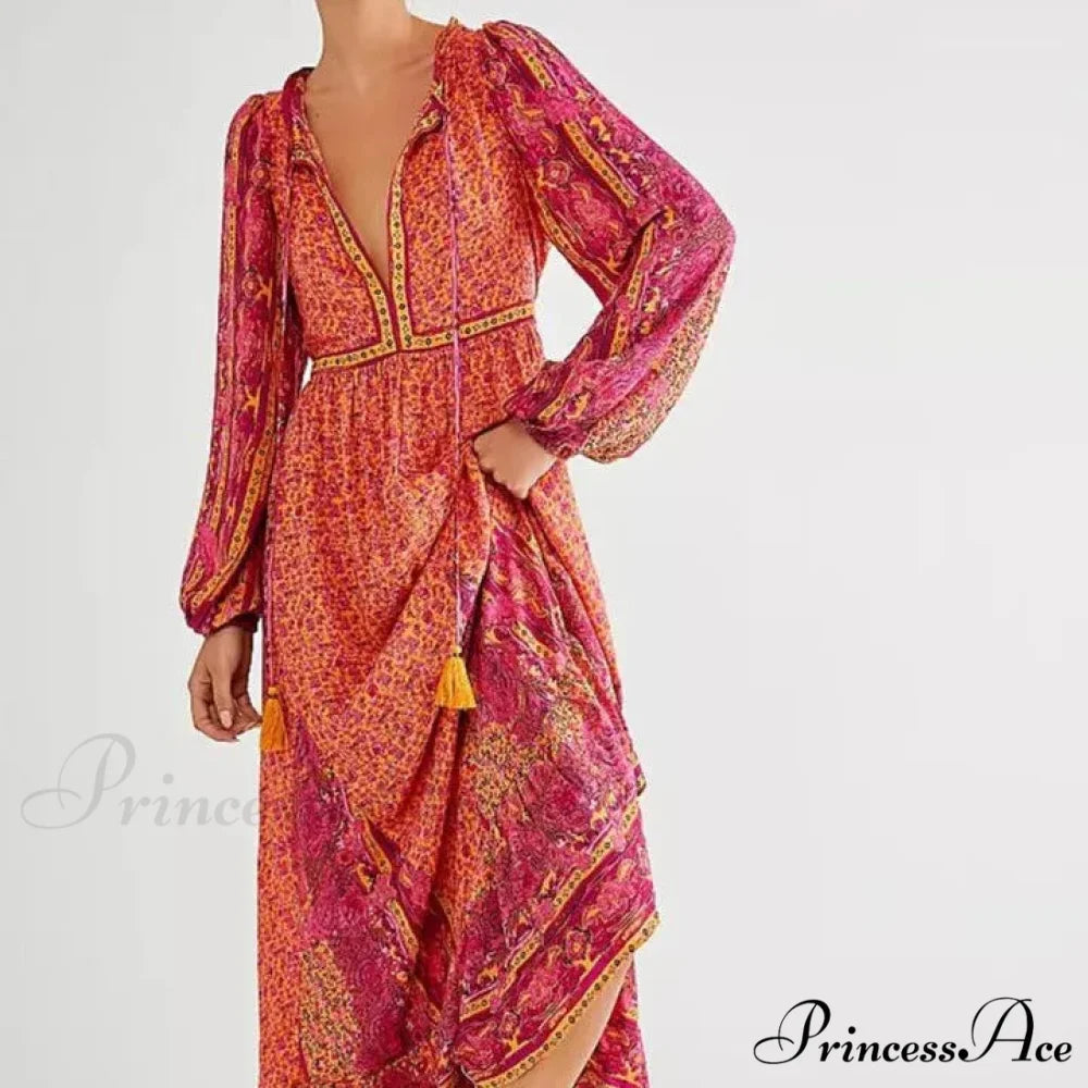 Monochromatic Hue V-neck Flounce Sleeve Summer Boho Dress Orange / S bohodress-250126
