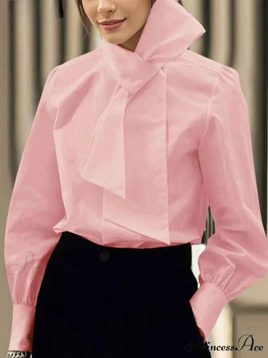 Monochromatic Necktie Bow Collar Extended Sleeve Blouse Pink / S blouse-250126