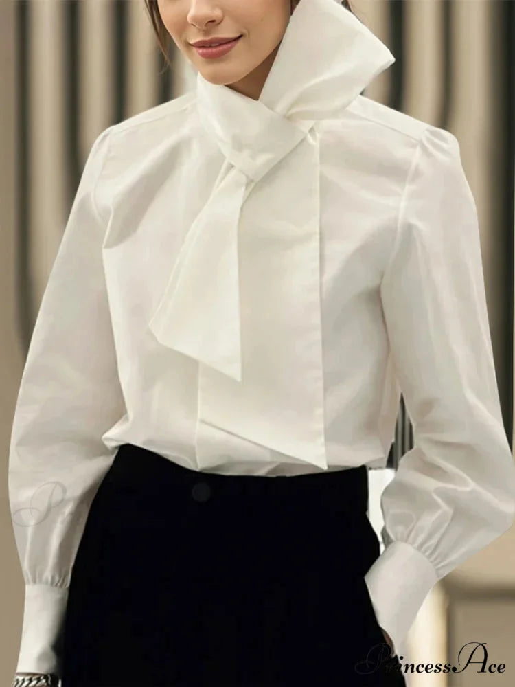 Monochromatic Necktie Bow Collar Extended Sleeve Blouse WHITE / S blouse-250126