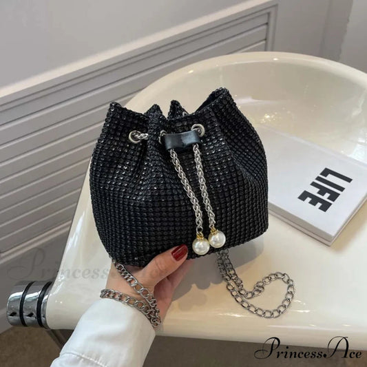 Monochromatic Rhinestone Opulent Chain Crossbody Sparkle Clutch Bag Black clutchbag-250126