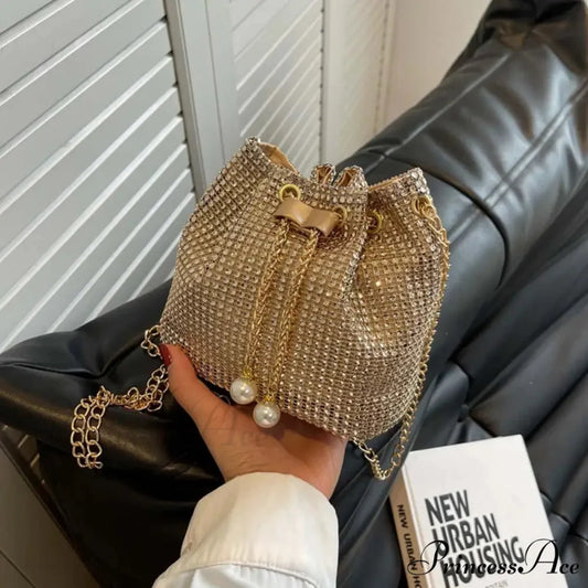 Monochromatic Rhinestone Opulent Chain Crossbody Sparkle Clutch Bag Gold clutchbag-250126