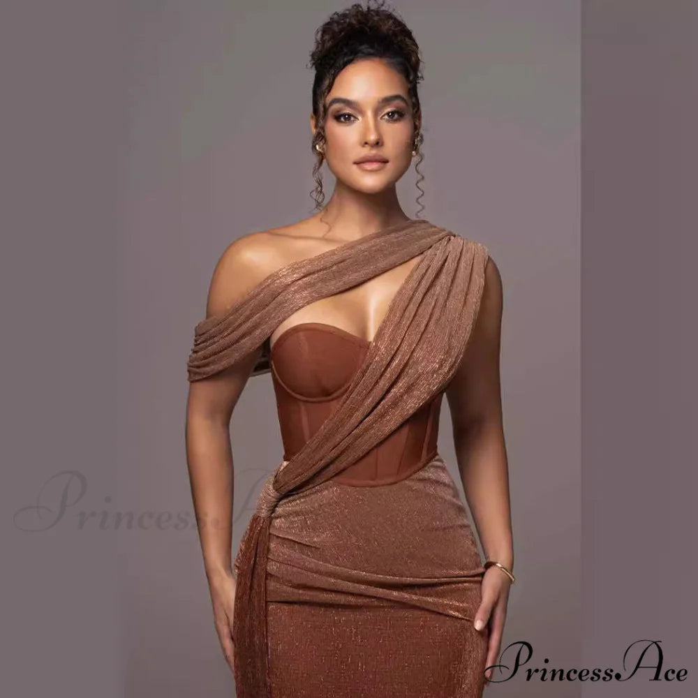 Monochromatic Sleeveless Bandeau Slit Prom Dress brown / XS promdress-250223