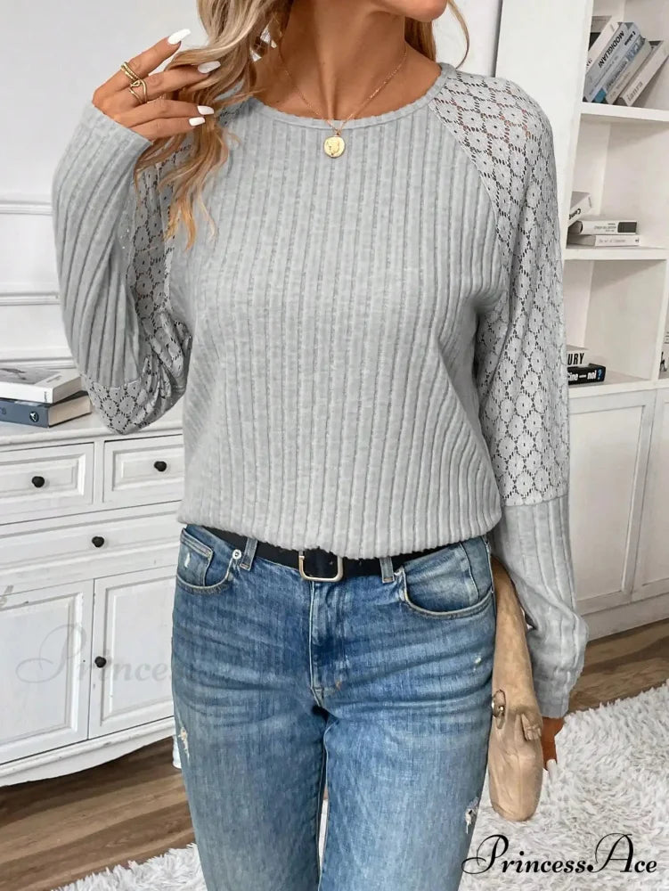 Monochromatic Style Knitted Extended Sleeve Top Women gray / XS knittop-250126