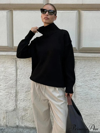 Monochromatic Style Turtleneck Pullover Black / S swraters-241228