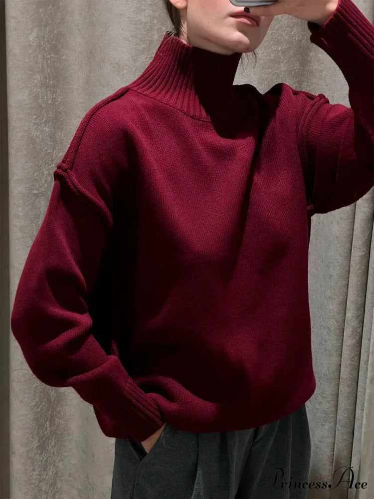 Monochromatic Style Turtleneck Pullover Burgundy / S swraters-241228