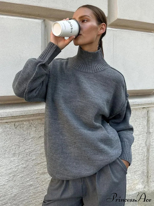 Monochromatic Style Turtleneck Pullover Dark Gray / S swraters-241228