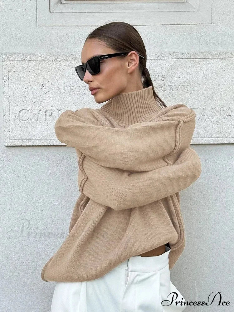 Monochromatic Style Turtleneck Pullover Khaki / S swraters-241228