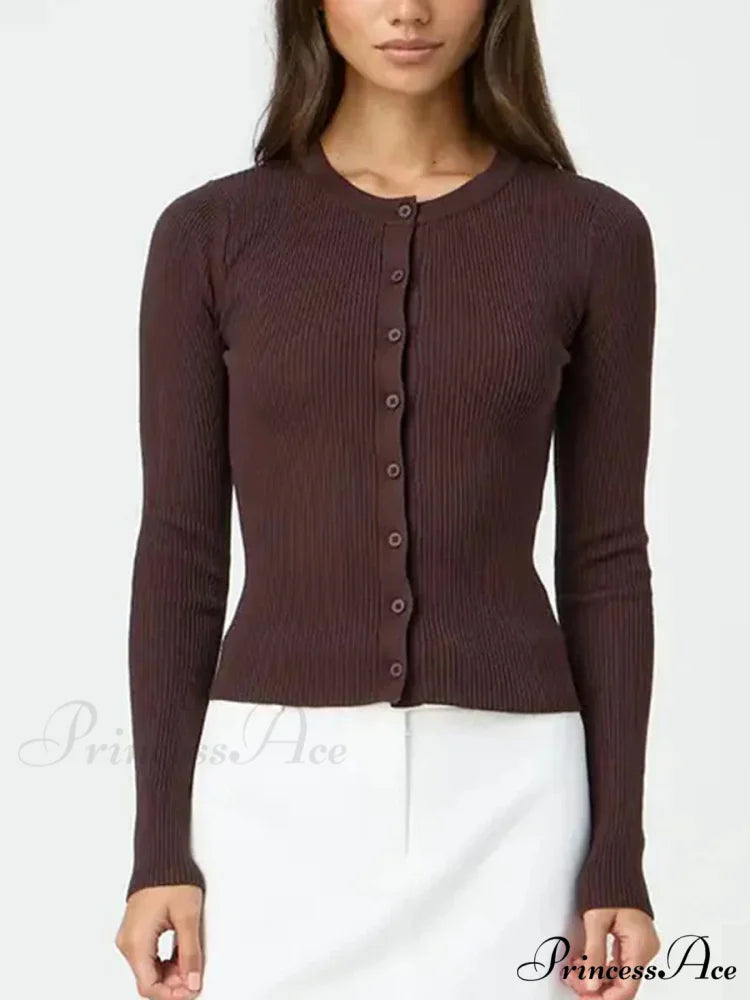 Monochromatic Textured Extended Sleeve Knit Cardigan brown / S cardigans-241228