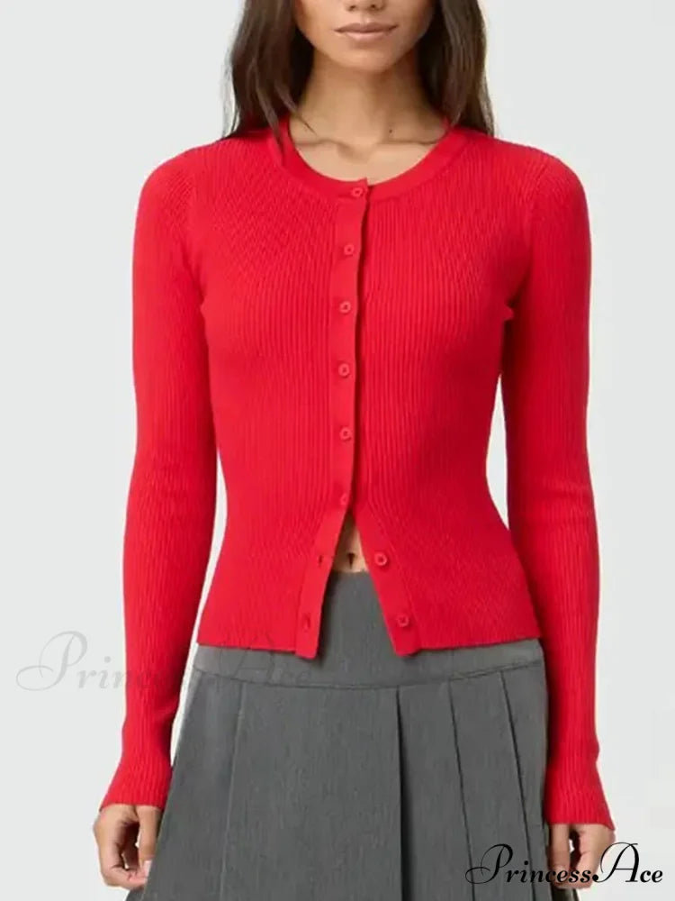 Monochromatic Textured Extended Sleeve Knit Cardigan red / S cardigans-241228