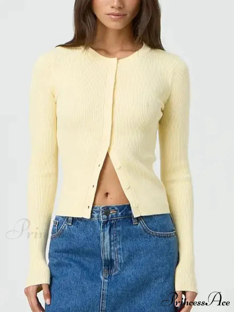 Monochromatic Textured Extended Sleeve Knit Cardigan yellow / S cardigans-241228