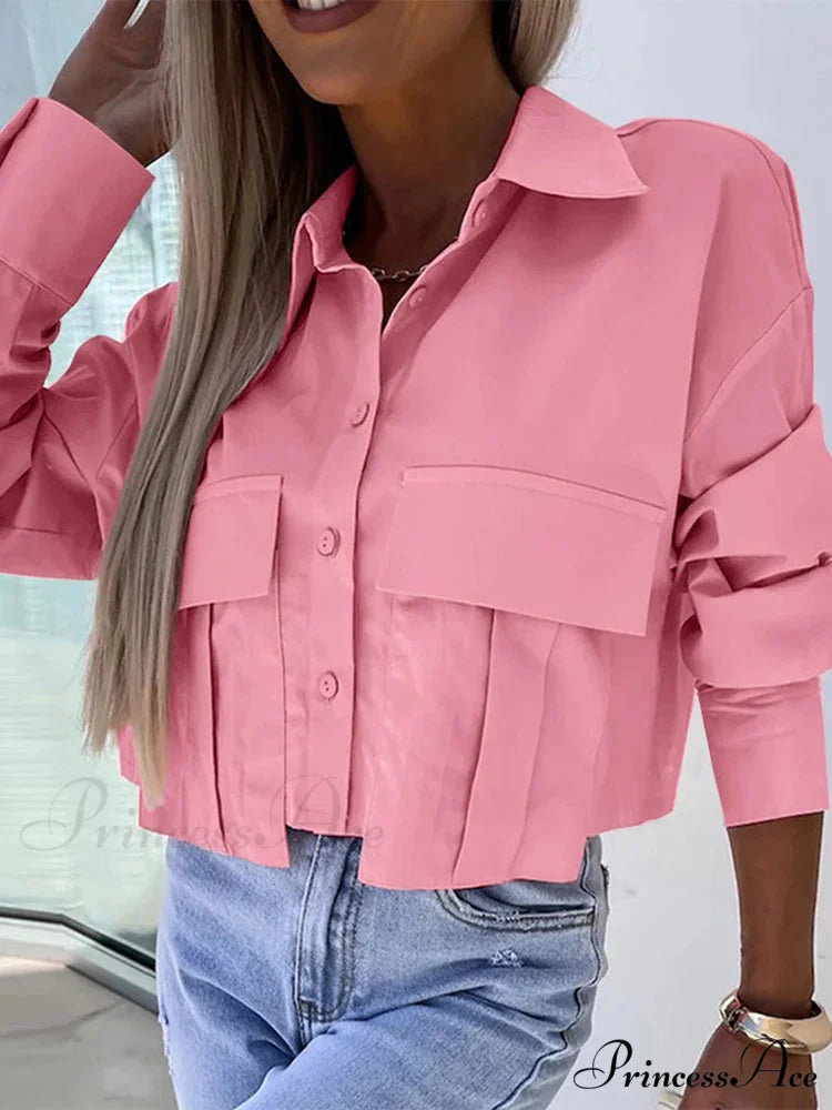 Monochrome Extended Sleeve Collared Work Blouse Pink / S blouse-250126