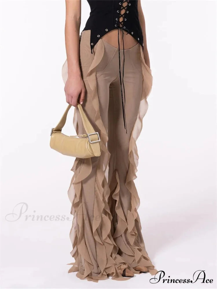 Monochrome Frill Lower Waist Elastic Flare Pant pant-250223