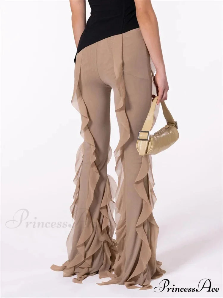 Monochrome Frill Lower Waist Elastic Flare Pant pant-250223