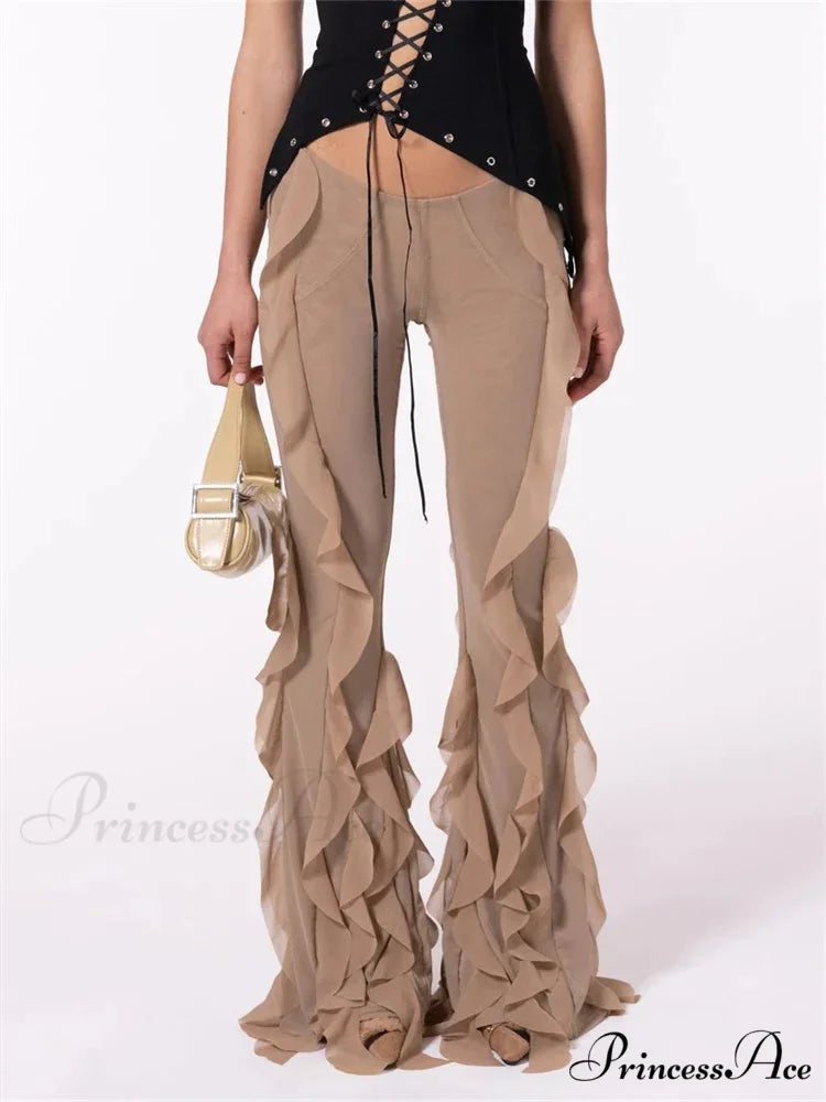 Monochrome Frill Lower Waist Elastic Flare Pant KHAKI / S pant-250223