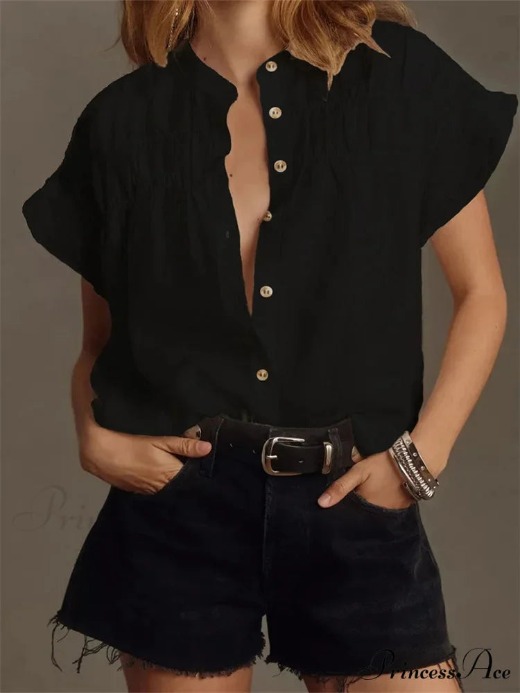 Monochrome Frill Short Sleeve Blouse black / S blouse-250223