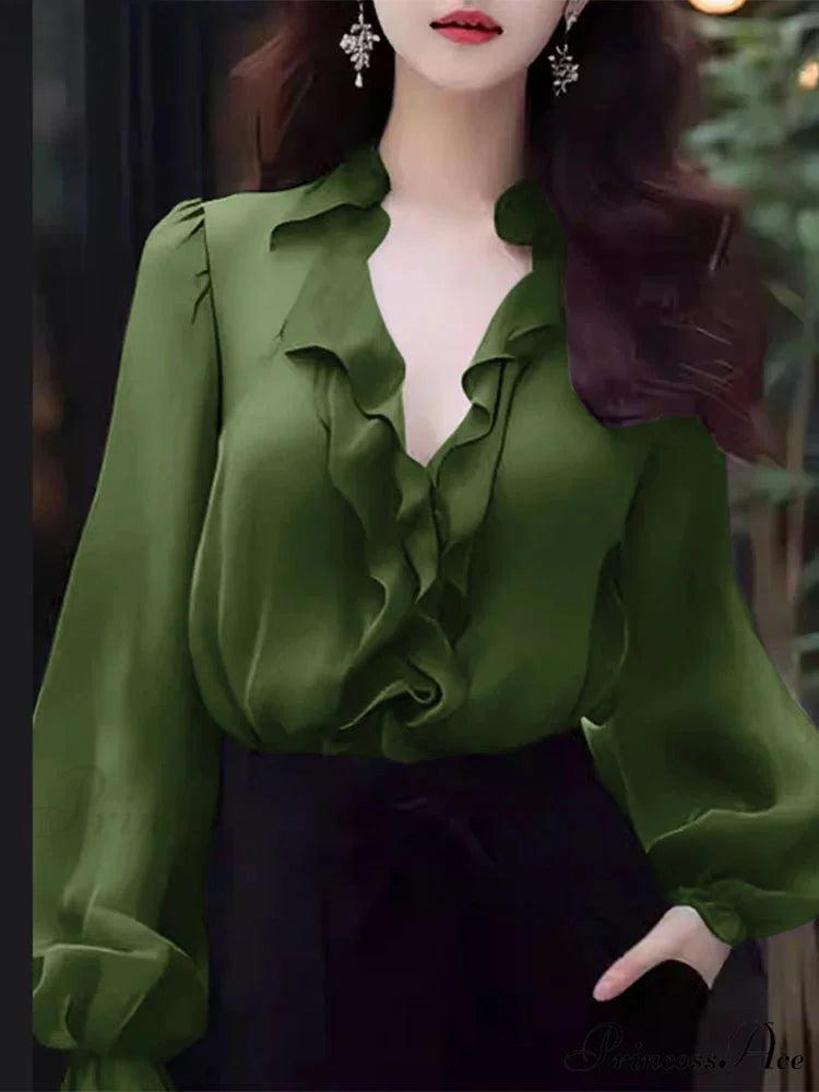 Monochrome Frilled Plunging Neckline Balloon Sleeve Blouse Green / S blouse-250126
