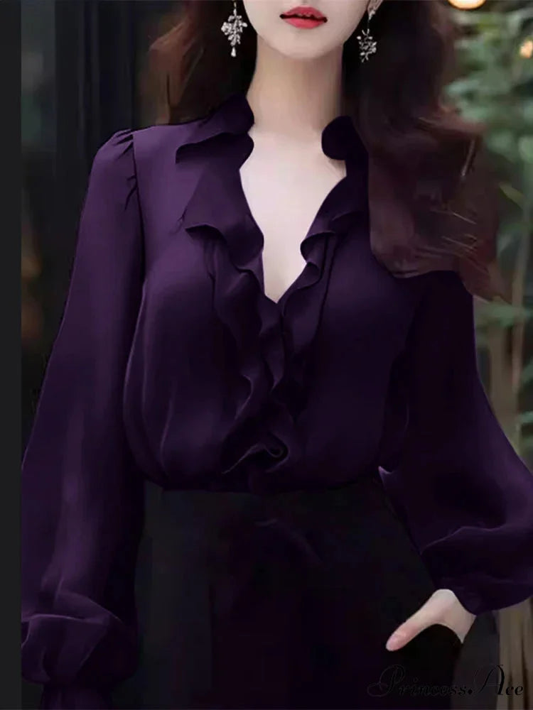 Monochrome Frilled Plunging Neckline Balloon Sleeve Blouse PURPLE / S blouse-250126