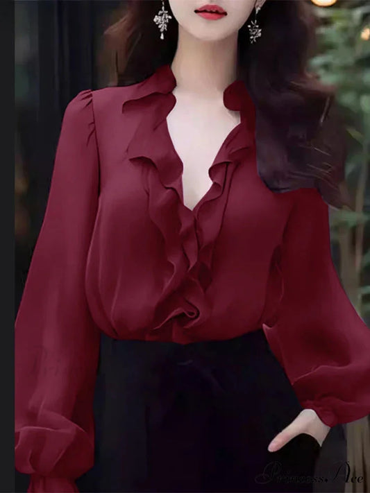 Monochrome Frilled Plunging Neckline Balloon Sleeve Blouse Wine Red / S blouse-250126