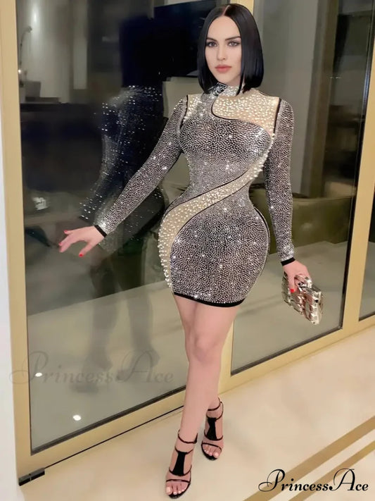 Monochrome Mini Dress with Rhinestone Embellishments