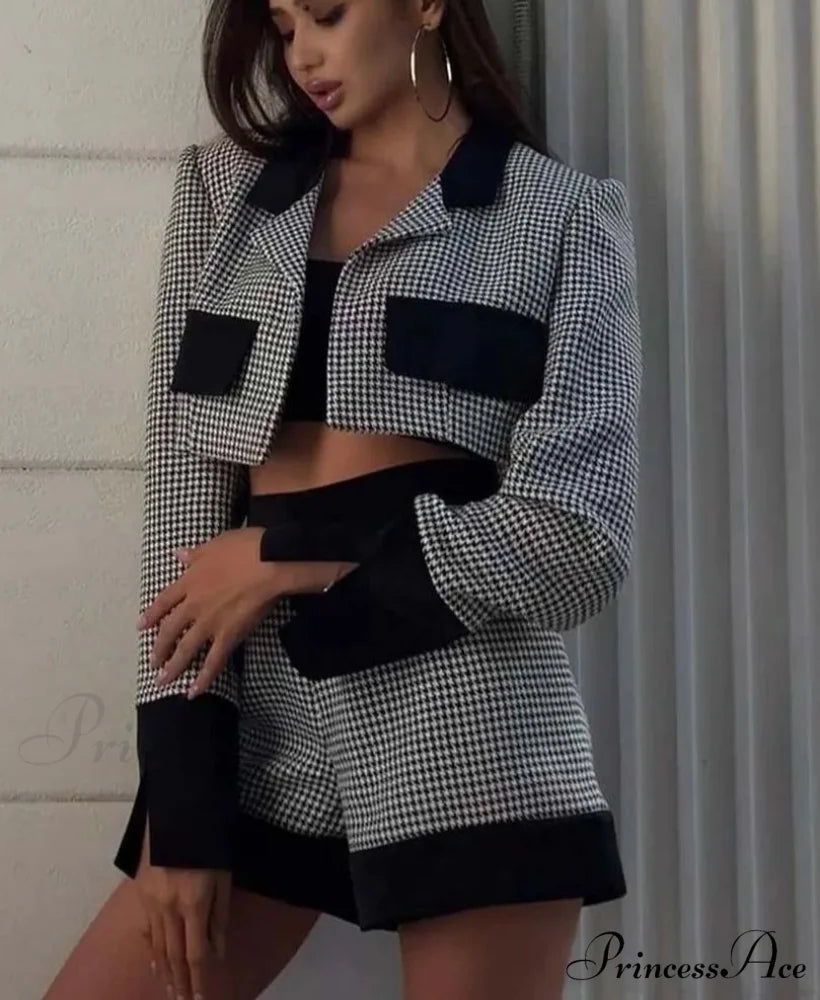 Monochrome Patchwork Crop Shorts Workplace Two Piece Set black white / S officetwopieceset-250223