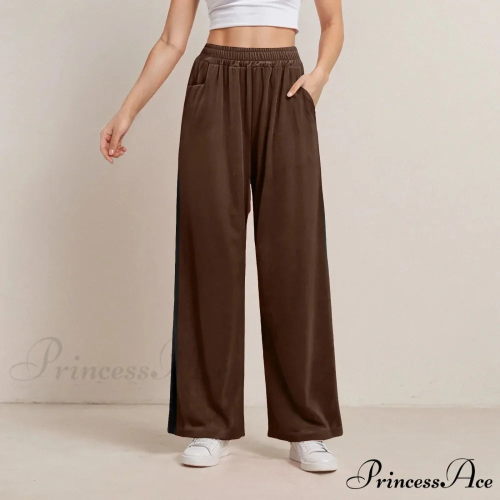 Monochrome Pocket Elastic Casual Trousers Brown / S pants-241228