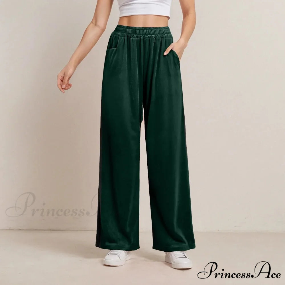 Monochrome Pocket Elastic Casual Trousers Green / S pants-241228