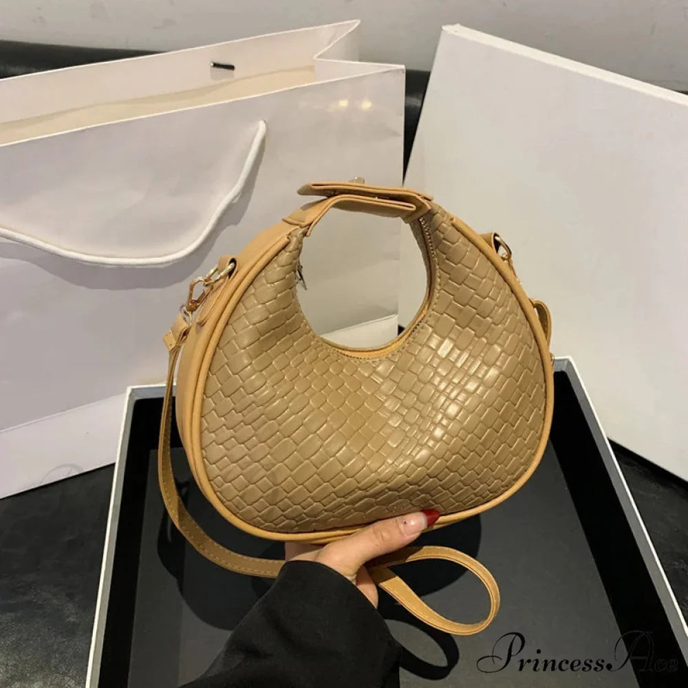 Monochrome PU Leather Grid Crossbody Handbag khaki handbag-250126