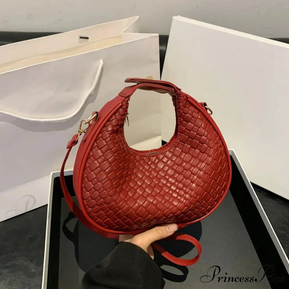 Monochrome PU Leather Grid Crossbody Handbag Red handbag-250126
