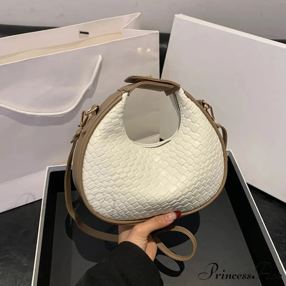 Monochrome PU Leather Grid Crossbody Handbag White handbag-250126