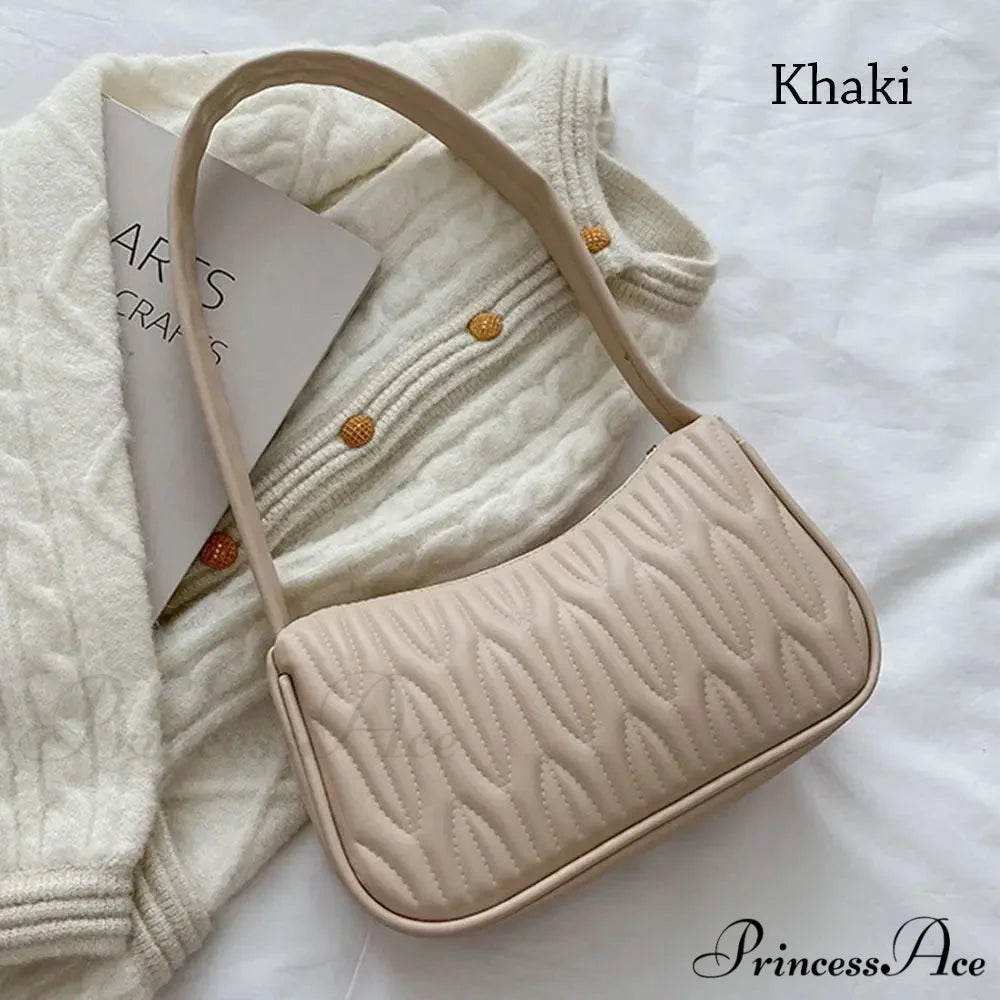 Monochrome PU Leather Women Shoulder Bag khaki shoulder-250126