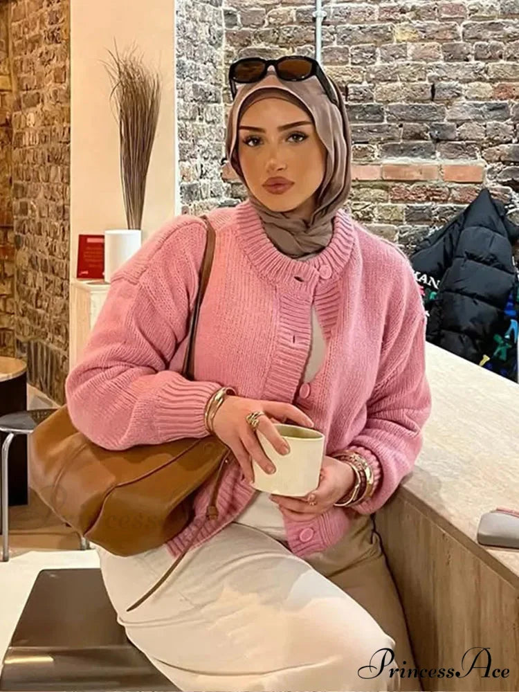 Monochrome Round Neck Cardigan Pink / S cardigans-241228