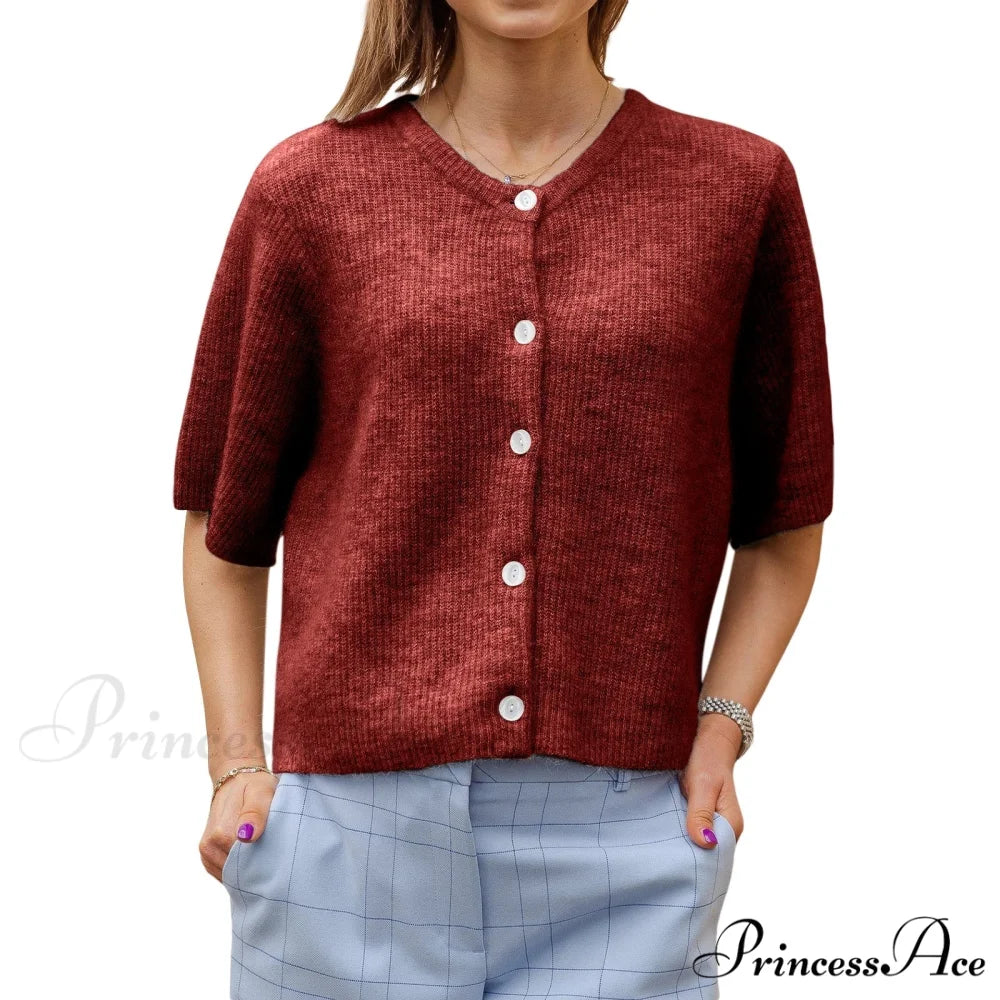 Monochrome Short Sleeve Button Cardigan Burgundy / S cardigans-241228